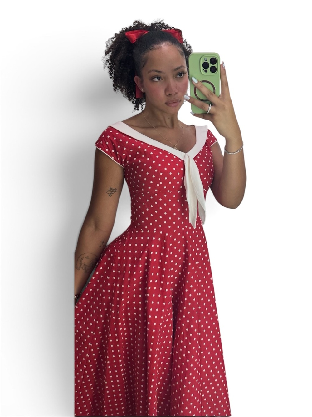 Red Polka Dot Midi Dress with Contrast Sailor Collar